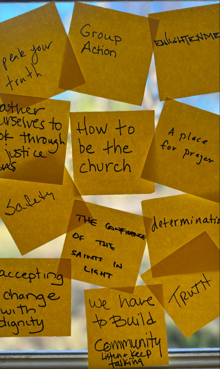 sticky notes on a window that say 'how to be the church'